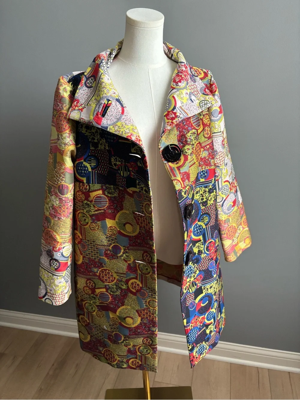 An Ren Vintage Multi Color Geometric Floral Print Wearable Art Mid Length Coat